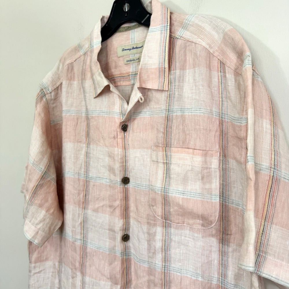 Tommy Bahama Pink Original Fit Short Sleeve Button Up Linen Shirt Size L